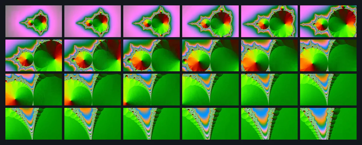 A 6 by 4 grid of 24 frames extracted from a 12-second clip that zooms into a fractal, showing the whole clip at a glance.