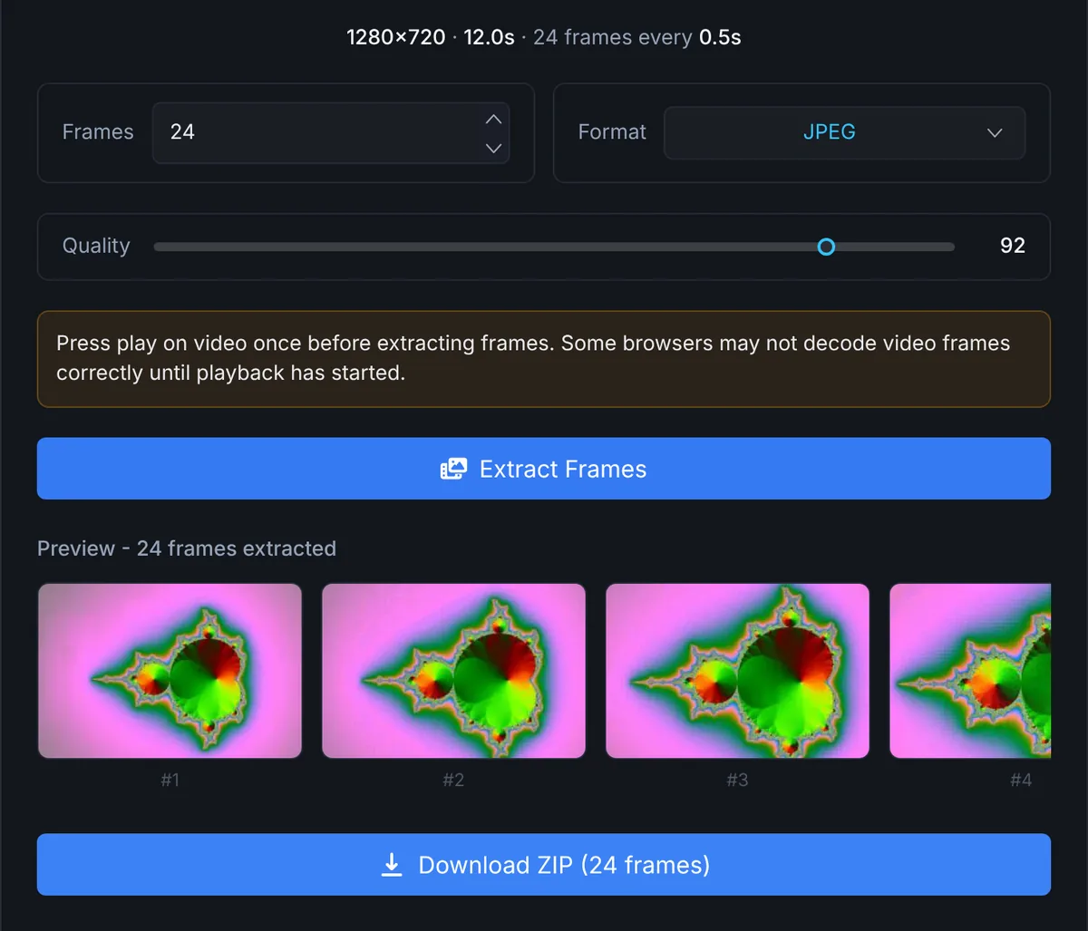 The FrameRipper tool after an extraction, showing the frame count, format and quality settings, a row of extracted frame previews and the Download ZIP button.