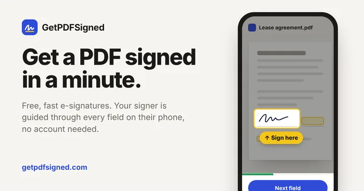 GetPDFSigned on a phone: a lease PDF with the signature field highlighted and a Sign here label