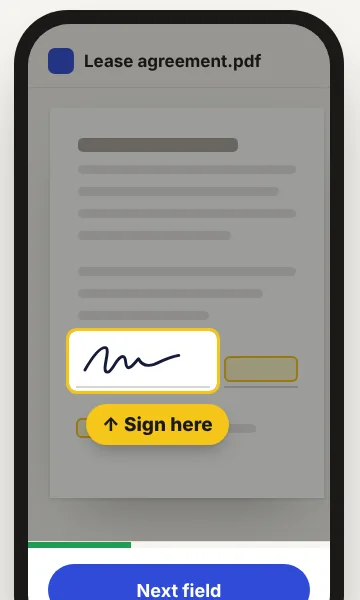 A phone showing a PDF with the signature field highlighted and a Sign here label